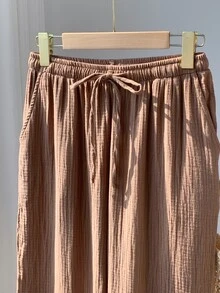 Comfortcana Women's Solid Color Tie Waist Straight Leg Textured Loose Pants - Brown - View 6