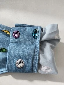 SHEIN 青少年女孩 3 件套彩色寶石水鑽印花鈕扣襯衫外套，搭配黑色背心與鬆緊腰寬腿長褲套裝 - 彩色 - 查看 6