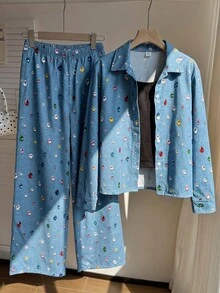 SHEIN 青少年女孩 3 件套彩色寶石水鑽印花鈕扣襯衫外套，搭配黑色背心與鬆緊腰寬腿長褲套裝 - 彩色 - 查看 7