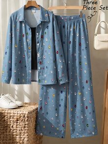 SHEIN 青少年女孩 3 件套彩色寶石水鑽印花鈕扣襯衫外套，搭配黑色背心與鬆緊腰寬腿長褲套裝 - 彩色 - 查看 5