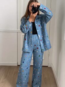 SHEIN 青少年女孩 3 件套彩色寶石水鑽印花鈕扣襯衫外套，搭配黑色背心與鬆緊腰寬腿長褲套裝 - 彩色 - 查看 3