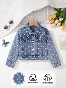 Toddler Girls Denim Lapel Collar Long Sleeve Geometric Pocket Button Front Short Regular Fit K-Pop Jacket Fall/Winter - Light Wash - View 3