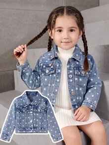 Toddler Girls Denim Lapel Collar Long Sleeve Geometric Pocket Button Front Short Regular Fit K-Pop Jacket Fall/Winter - Light Wash - View 1