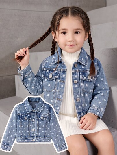 Toddler Girls Denim Lapel Collar Long Sleeve Geometric Pocket Button Front Short Regular Fit K-Pop Jacket Fall/Winter