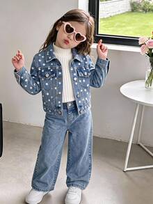 Toddler Girls Denim Lapel Collar Long Sleeve Geometric Pocket Button Front Short Regular Fit K-Pop Jacket Fall/Winter - Light Wash - View 4