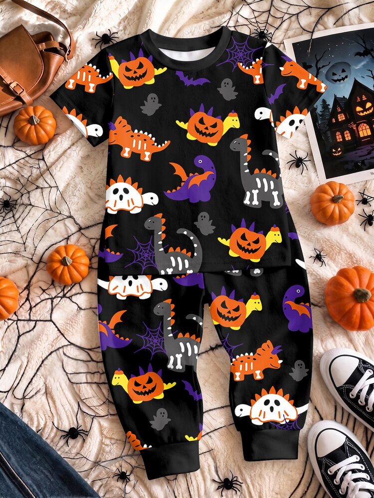 2pcs Baby Boys Casual Halloween Cartoon Pumpkin Dinosaur Print Crew Neck Short Sleeve T-Shirt And Matching Printed Long Pants Set - Multicolor - View 1