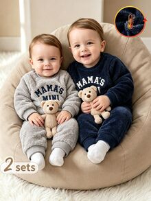 SHEIN Playful Pals 2套新生兒男嬰衛衣+長褲，可愛灰色海軍藍字母毛絨加厚長袖圓領，適合戶外秋季聖誕節假期，羅紋設計 - 彩色 - 查看 3
