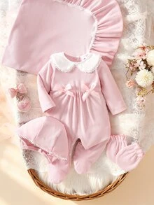 SHEIN Set Hadiah Bayi Perempuan Warna Pink 4 Pcs: Kain Bedong, Sarung Tangan, Topi & Romper dengan Hiasan Pita dan Renda - Berwarna merah muda - View 6