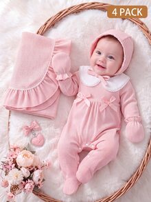 SHEIN Set Hadiah Bayi Perempuan Warna Pink 4 Pcs: Kain Bedong, Sarung Tangan, Topi & Romper dengan Hiasan Pita dan Renda - Berwarna merah muda - View 4