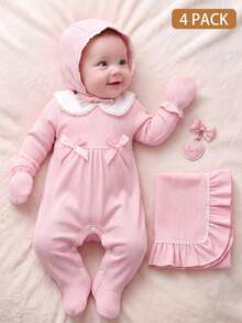 SHEIN Set Hadiah Bayi Perempuan Warna Pink 4 Pcs: Kain Bedong, Sarung Tangan, Topi & Romper dengan Hiasan Pita dan Renda - Berwarna merah muda - View 5