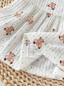 SHEIN Playful Pals 新生兒春秋棕色軟萌風可愛波點熊滿版印花蝴蝶結裝飾針織荷葉袖套頭上衣，搭配蝴蝶結裝飾純棕色羅紋修身長褲，2件套，適合外出、休閒穿著，百搭 - 棕色 - 查看 7