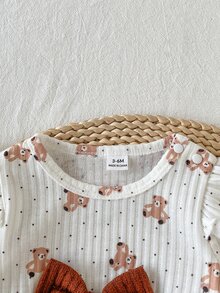 SHEIN Playful Pals 新生兒春秋棕色軟萌風可愛波點熊滿版印花蝴蝶結裝飾針織荷葉袖套頭上衣，搭配蝴蝶結裝飾純棕色羅紋修身長褲，2件套，適合外出、休閒穿著，百搭 - 棕色 - 查看 6