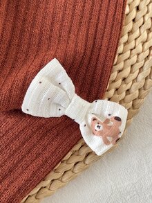 SHEIN Playful Pals 新生兒春秋棕色軟萌風可愛波點熊滿版印花蝴蝶結裝飾針織荷葉袖套頭上衣，搭配蝴蝶結裝飾純棕色羅紋修身長褲，2件套，適合外出、休閒穿著，百搭 - 棕色 - 查看 4