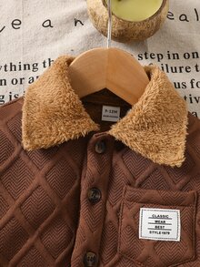 SHEIN 男嬰鈕扣口袋翻領長袖複合抓絨夾克，棕色抓絨夾克，秋冬戶外、學校、休閒、度假、運動、日常穿著，秋冬男嬰服飾，幼兒服裝，嬰兒服飾，幼兒夾克 - 棕色 - 查看 6