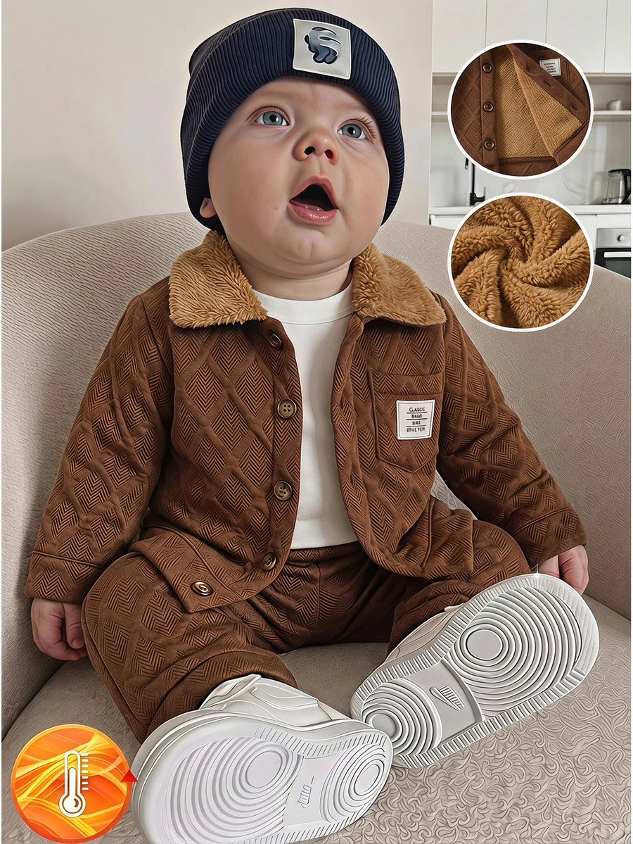 SHEIN 男嬰鈕扣口袋翻領長袖複合抓絨夾克，棕色抓絨夾克，秋冬戶外、學校、休閒、度假、運動、日常穿著，秋冬男嬰服飾，幼兒服裝，嬰兒服飾，幼兒夾克