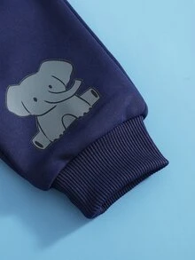 SHEIN Playful Pals 新生兒皇家藍秋季親子套裝，卡通大象印花 3D 耳朵圓領長袖連帽衛衣與長褲休閒兩件套 - 藍色 - 查看 4