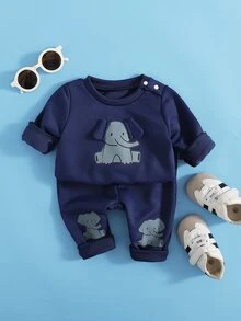 SHEIN Playful Pals 新生兒皇家藍秋季親子套裝，卡通大象印花 3D 耳朵圓領長袖連帽衛衣與長褲休閒兩件套 - 藍色 - 查看 10