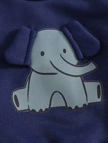 SHEIN Playful Pals 新生兒皇家藍秋季親子套裝，卡通大象印花 3D 耳朵圓領長袖連帽衛衣與長褲休閒兩件套 - 藍色 - 查看 5