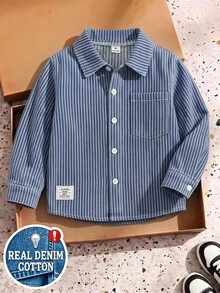 SHEIN 小男孩條紋牛仔襯衫，附口袋、字母印花與小標誌，休閒時尚街頭風，酷炫返校秋冬款 - 淺藍色 - 查看 8