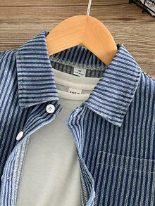 SHEIN 小男孩條紋牛仔襯衫，附口袋、字母印花與小標誌，休閒時尚街頭風，酷炫返校秋冬款 - 淺藍色 - 查看 9