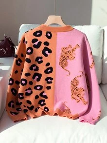 SHEIN 女童秋季新款寬鬆圓領可愛花卉圖案毛衣，3D花朵針織套頭毛衣 - 彩色 - 查看 2