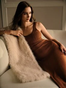 MOTF PREMIUM WOMEN'S SOLID COLOR LARGE SCOOP NECK RHINESTONE DECORATED SWEATER DRESS - Camel - View 3