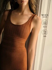 MOTF PREMIUM WOMEN'S SOLID COLOR LARGE SCOOP NECK RHINESTONE DECORATED SWEATER DRESS - Camel - View 1