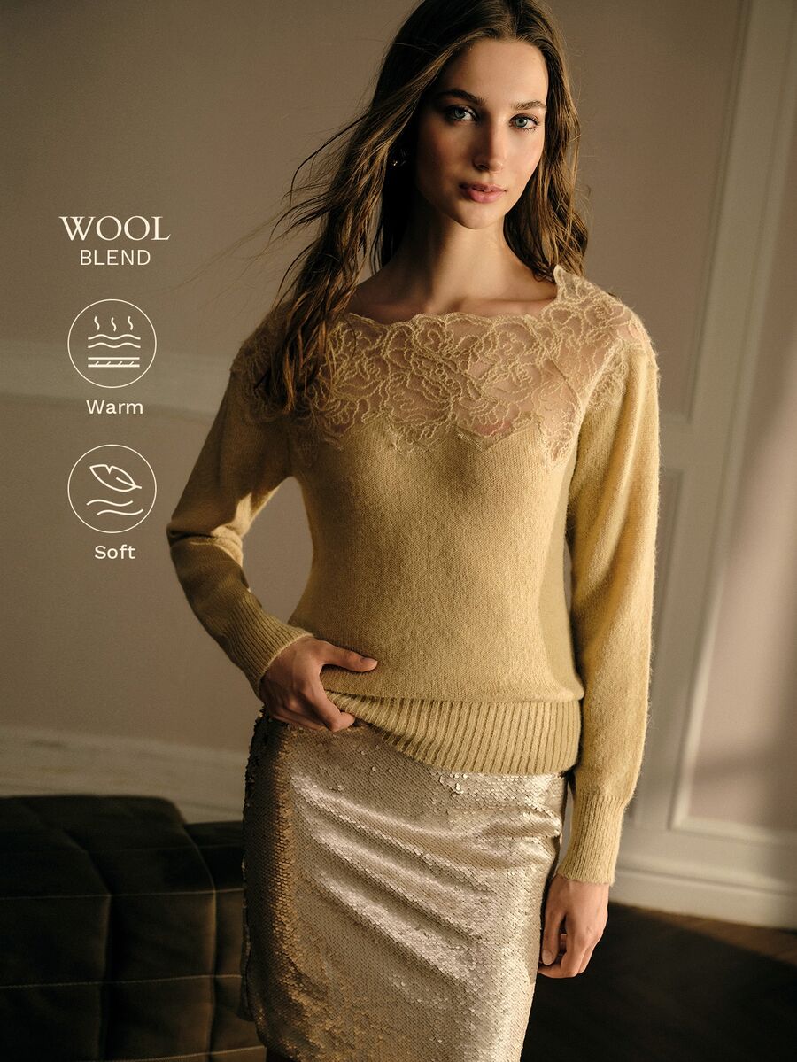 MOTF PREMIUM SOFT LACE PATCHWORK KNIT BASE LAYER TOP - Khaki - View 2