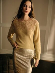 MOTF PREMIUM SOFT LACE PATCHWORK KNIT BASE LAYER TOP - Khaki - View 6