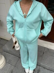 SHEIN EZwear 薄荷綠針織連帽衛衣運動褲兩件套 女款 旅行秋季休閒 - 薄荷綠 - 查看 4