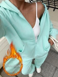 SHEIN EZwear 薄荷綠針織連帽衛衣運動褲兩件套 女款 旅行秋季休閒 - 薄荷綠 - 查看 5
