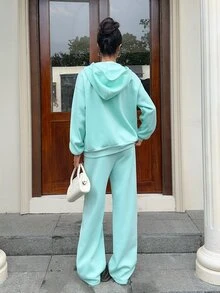 SHEIN EZwear 薄荷綠針織連帽衛衣運動褲兩件套 女款 旅行秋季休閒 - 薄荷綠 - 查看 3