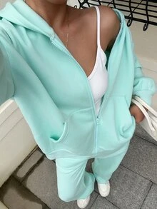 SHEIN EZwear 薄荷綠針織連帽衛衣運動褲兩件套 女款 旅行秋季休閒 - 薄荷綠 - 查看 8