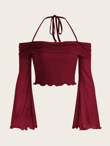 SHEIN ICON Halter Neck Lettuce Trim Flounce Sleeve Spring Crop Top - Burgundy - View 3
