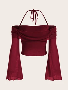 SHEIN ICON Halter Neck Lettuce Trim Flounce Sleeve Spring Crop Top - Burgundy - View 2
