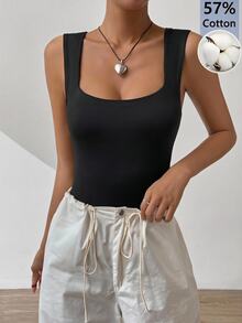 SHEIN EZwear Women's Solid Color Fitted Versatile Daily Wear Bodysuit - Black - View 8