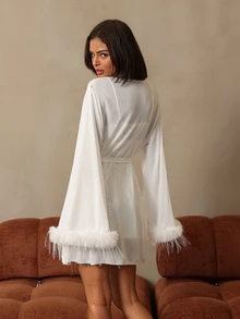 HautHeat Contrast Lace Cami Dress & Robe PJ Set - White - View 2