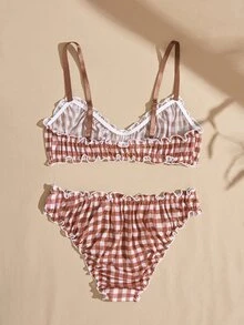 Lullawish Bohemian Young Vacation Plaid Print Cotton Blend Wavy Trim Bow Women's Lingerie Set - Multicolor - View 8
