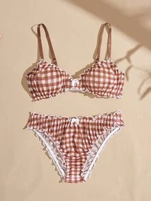 Lullawish Bohemian Young Vacation Plaid Print Cotton Blend Wavy Trim Bow Women's Lingerie Set - Multicolor - View 7