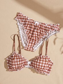 Lullawish Bohemian Young Vacation Plaid Print Cotton Blend Wavy Trim Bow Women's Lingerie Set - Multicolor - View 12