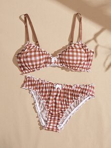 Lullawish Bohemian Young Vacation Plaid Print Cotton Blend Wavy Trim Bow Women's Lingerie Set - Multicolor - View 9
