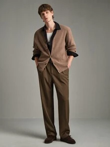 Calmiston Old Money Casual Men's Wool Blend Crew Neck Cable Knit Cardigan Solid Color Long Sleeve Single-Breasted Versatile For Daily Wear Autumn Business Brown - Khaki - View 4