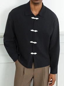 HUEFORM Men's Long Sleeve Casual Shirt With Frog Button Design - Black - View 4