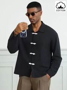 HUEFORM Men's Long Sleeve Casual Shirt With Frog Button Design - Black - View 5