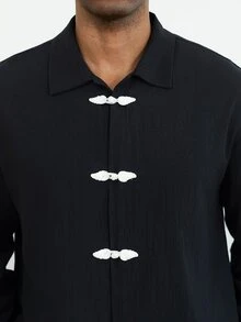 HUEFORM Men's Long Sleeve Casual Shirt With Frog Button Design - Black - View 3