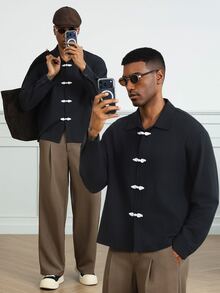 HUEFORM Men's Long Sleeve Casual Shirt With Frog Button Design - Black - View 1