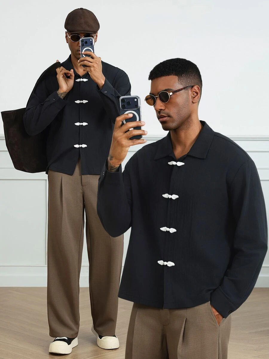 HUEFORM Men's Long Sleeve Casual Shirt With Frog Button Design - Black - View 1