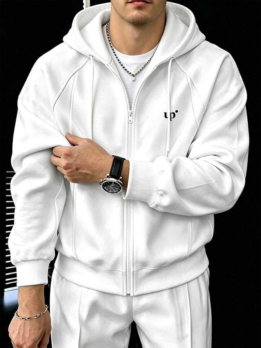 Manfinity Homme Men's Embroidered Casual Raglan Sleeve Zip-Up Hoodie - White - View 1