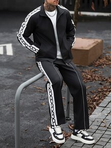 Manfinity CasualCool Men's Colorblock Patchwork Jacket And Pants Set - Black - View 6