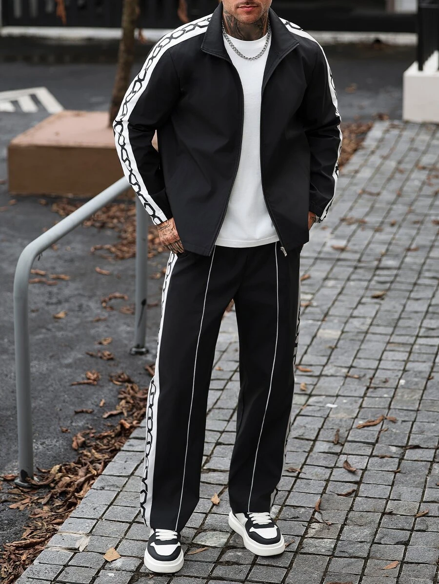 Manfinity CasualCool Men's Colorblock Patchwork Jacket And Pants Set - Black - View 1